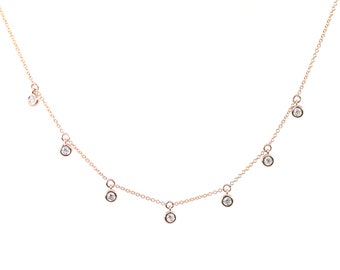 14K 7 Diamond Bezel Dangling Necklace / Diamond Necklace / Diamond Bezel Pendant / Choker Necklace / Simple Necklace / Yellow Gold