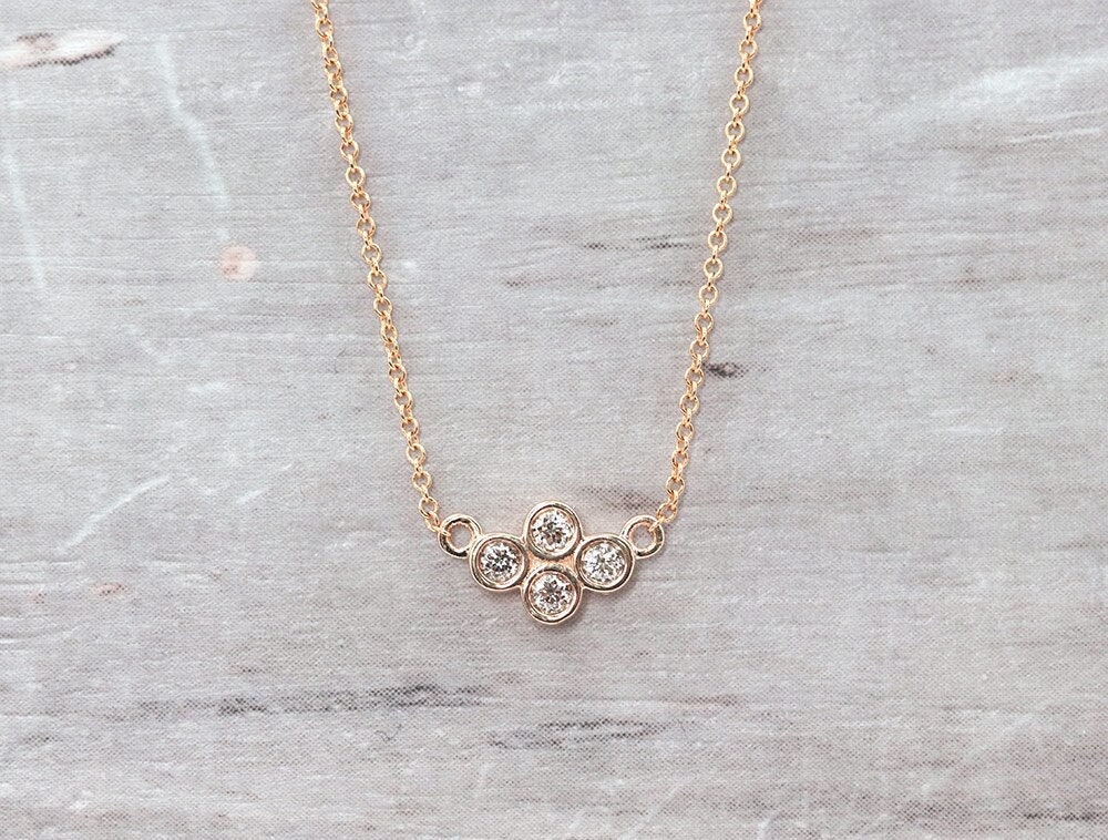 0.12ct. Dainty Gold Diamond Necklace.14k Solid Gold 4 Stone Etsy