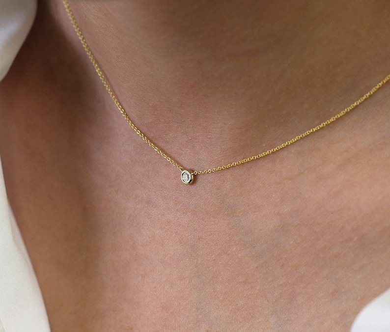 14K Diamond Bezel Solitaire Necklace / Diamond Necklace / Diamond Bezel Pendant / Solitaire Necklace / Everyday Necklace / Yellow Gold image 4