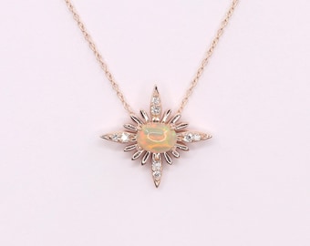 14K Opal Diamond Starburst Necklace / Opal Necklace / Diamond Necklace / Starburst Necklace / Opal Pendant / Rose Gold / Starburst Pendant