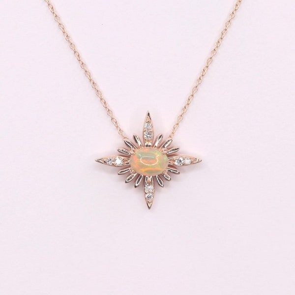 Collar Starburst de diamantes de ópalo de 14K / Collar de ópalo / Collar de diamantes / Collar Starburst / Colgante de ópalo / Oro rosa / Colgante Starburst