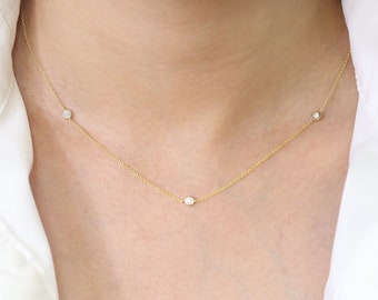 14K 3 Diamond By The Yard Necklace / Diamond Bezel Necklace / By The Yard Necklace / Simple Necklace / Everyday Necklace / Yellow Gold