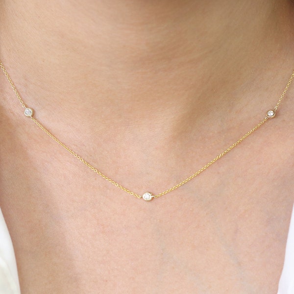 14K 3 Diamond By The Yard Necklace / Diamond Bezel Necklace / By The Yard Necklace / Simple Necklace / Everyday Necklace / Yellow Gold