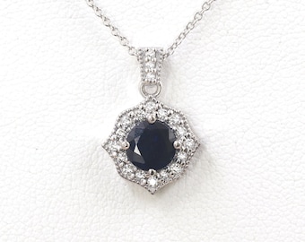 14K Blue Sapphire Diamond Floral Necklace / Sapphire Necklace / Diamond Necklace / Floral Necklace / Sapphire Pendant / White Gold