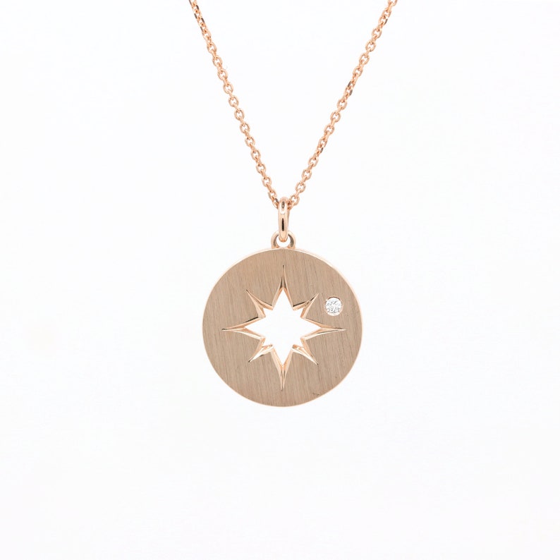 14K Diamond Circle Pendant Necklace / Starburst Necklace / Diamond Necklace / Coin Pendant Necklace / Circle Pendant / Yellow Gold image 3