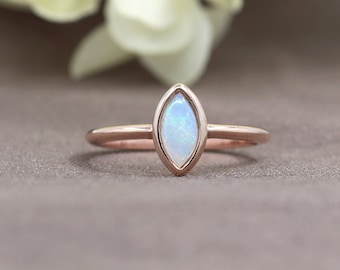 14K Marquise Opal Bezel Wedding Ring / Opal Ring / Solitaire Ring / Opal Solitaire Bridal Ring / Simple Engagement Ring / Yellow Gold