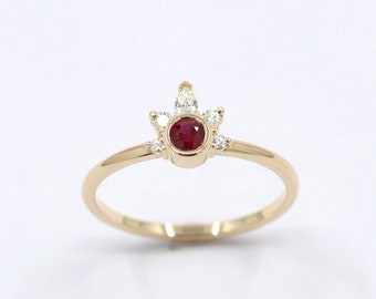 14K Ruby Bezel Diamond Engagement Ring / Ruby Bezel Ring / Simple Engagement Ring / Diamond Ring / Ruby Bridal Ring / Rose Gold