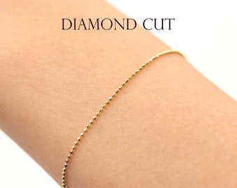 14K 1mm / 1.5mm Diamond Cut Bead Chain Bracelet / Beaded Chain Bracelet / Plain Bracelet / Simple Bracelet / Yellow Gold