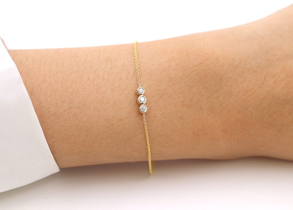 14K 3 Diamond Bezel Bracelet / Yellow Gold / Diamond Bracelet Etsy