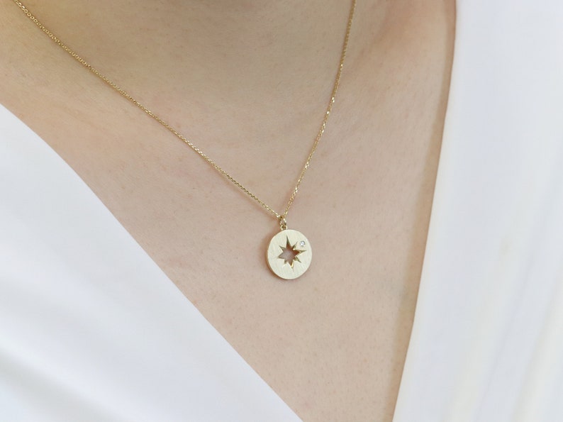 14K Diamond Circle Pendant Necklace / Starburst Necklace / Diamond Necklace / Coin Pendant Necklace / Circle Pendant / Yellow Gold image 2