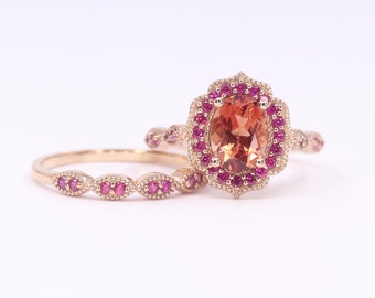 14K Sunstone Ruby Floral Bridal Ring Set / Sunstone Engagement Ring / Ruby Wedding Ring / Sunstone Floral Ring / Ruby Bridal Ring Set