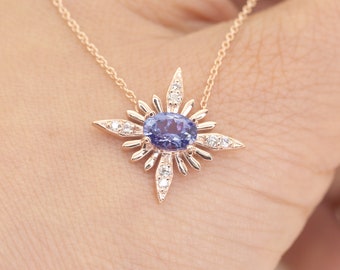 14K Oval Tanzanite Necklace / Diamond Necklace / 7x5 Natural Tanzanite Pendant / Starburst Necklace / Prong Set Necklace / Tanzanite Charm
