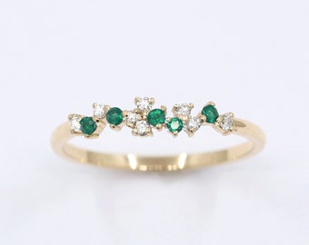 14K Natural Emerald Diamond Cluster Ring / Emerald Ring / Diamond Ring / Cluster Ring / Wedding Band / Stacking Ring / Bridal Ring