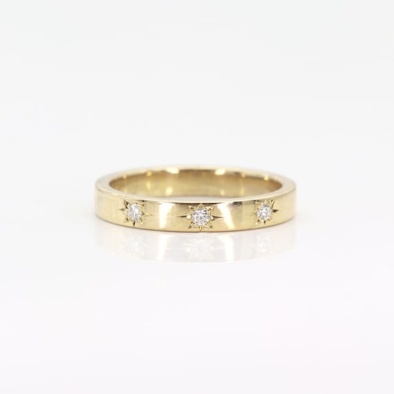 14K 3mm 3 Diamond Flat Wedding Band Stackable Ring Diamond