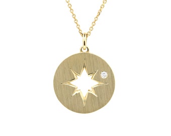 14K Diamond Circle Pendant Necklace / Starburst Necklace / Diamond Necklace / Coin Pendant Necklace / Circle Pendant / Yellow Gold