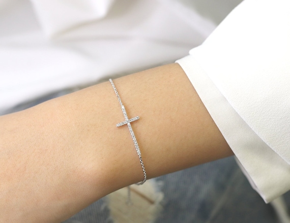 14K Diamond Cross Bracelet Diamond Bracelet Cross Bracelet White Gold Simple Bracelet Everyday Bracelet Etsy