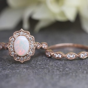 14K Opal Diamond Floral Engagement Ring Set / Opal Floral Ring / Opal Wedding Ring / Diamond Art Deco Band / Rose Gold / Promise Ring