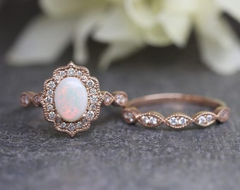 14K Opal Diamond Floral Engagement Ring Set / Opal Floral Ring / Opal Wedding Ring / Diamond Art Deco Band / Rose Gold / Promise Ring