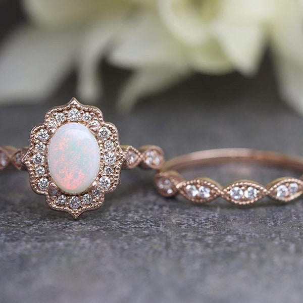 14K Opal Diamond Floral Engagement Ring Set / Opal Floral Ring / Opal Wedding Ring / Diamond Art Deco Band / Rose Gold / Promise Ring