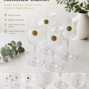 May include: A set of four clear crystal stemmed glasses featuring a textured cut design on the bowl and a sturdy base. Each glass displays a small circular gold sticker. The text Set of 4 Crystal Stemmed Glasses is visible at the top.