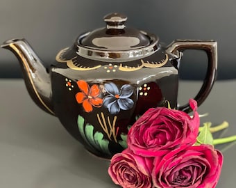 Vintage Hand Painted Floral Teapot with Gold Accents – Redware Brown Betty