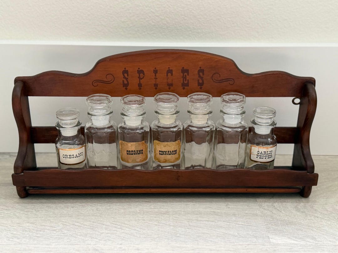 Vintage Wooden Spice Rack With 7 Glass Apothecary-style Jars - Etsy
