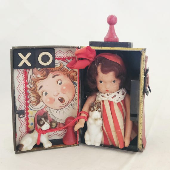 XO ~ Whimsical Shadowbox Assemblage In Antique Metal Tin Box,Colorful Graphics From Children's Book,Storybook Doll Repurposed