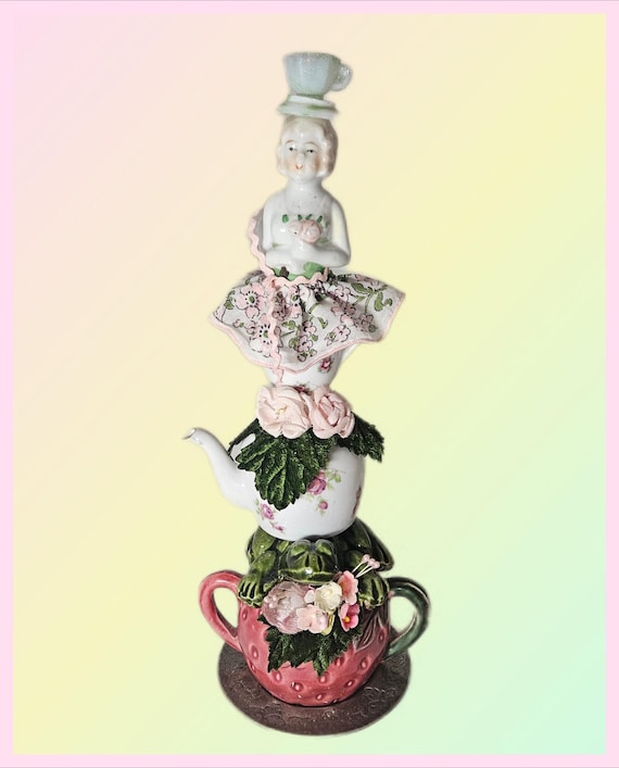 Whimsical Fairyland Assemblage Tower The  FROG'S TEA,Feminine Pastels
