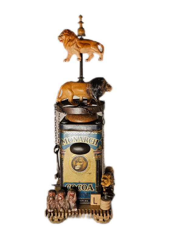 The Lion's Share - Vintage Monarch Cocoa Tin Assemblage Art - Found Object Sculpture - Cabinet of Curiosities - One of a Kind