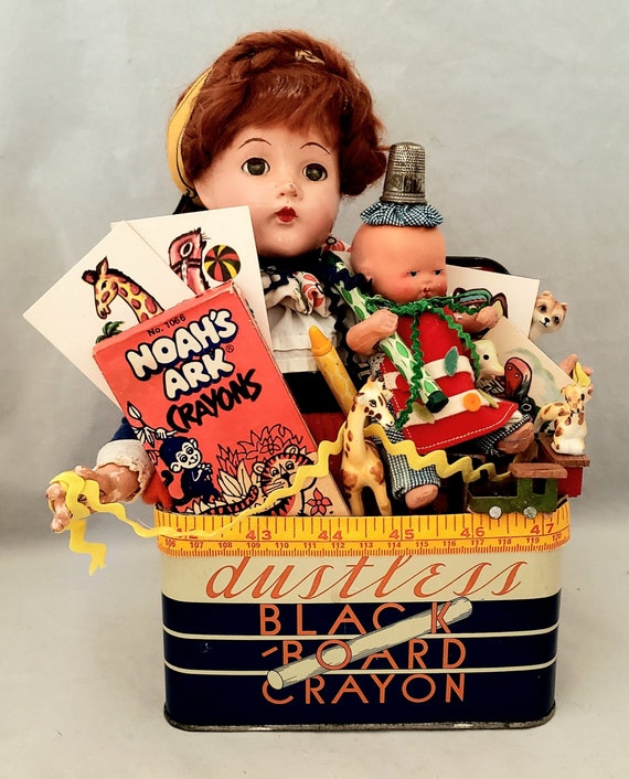 TEACHERS PET~ Whimical Doll Assemblage In Vintage Chalk Tin,Noah's Ark Crayons,Baby Boy