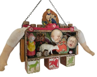 Whimsical Found Object Assemblage,Doll Arms,Toy Parts,Carnival Feel