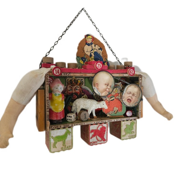 Whimsical Found Object Assemblage,Doll Arms,Toy Parts,Carnival Feel