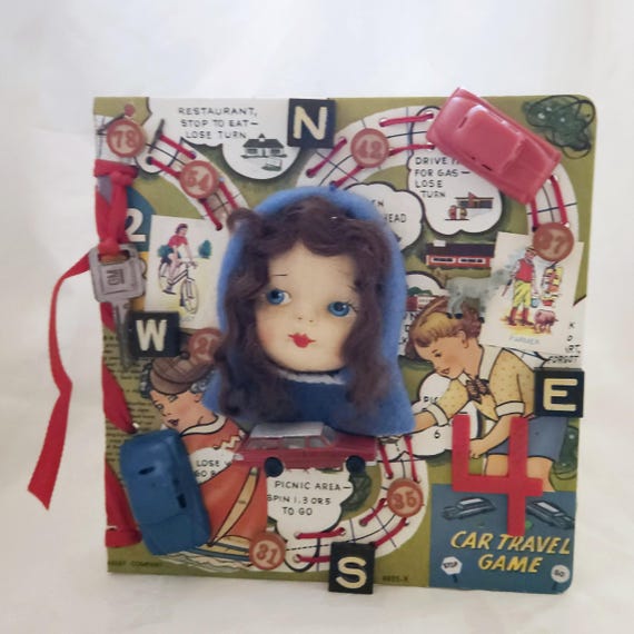 Whimsical Road Trip Assemblage: Repurposed Vintage Children's Game Board with Toy Cars And Doll Head,One Of A Kind