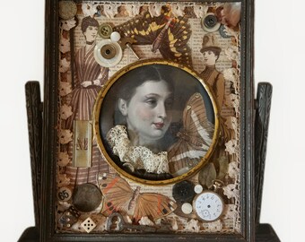 Victorian Romantic Mixed Media Art  In Antique Swing Frame METAMORPHOSIS ,Beautiful Woman And Butterflies