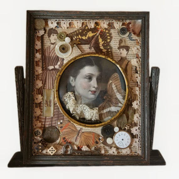 Victorian Romantic Mixed Media Art  In Antique Swing Frame METAMORPHOSIS ,Beautiful Woman And Butterflies