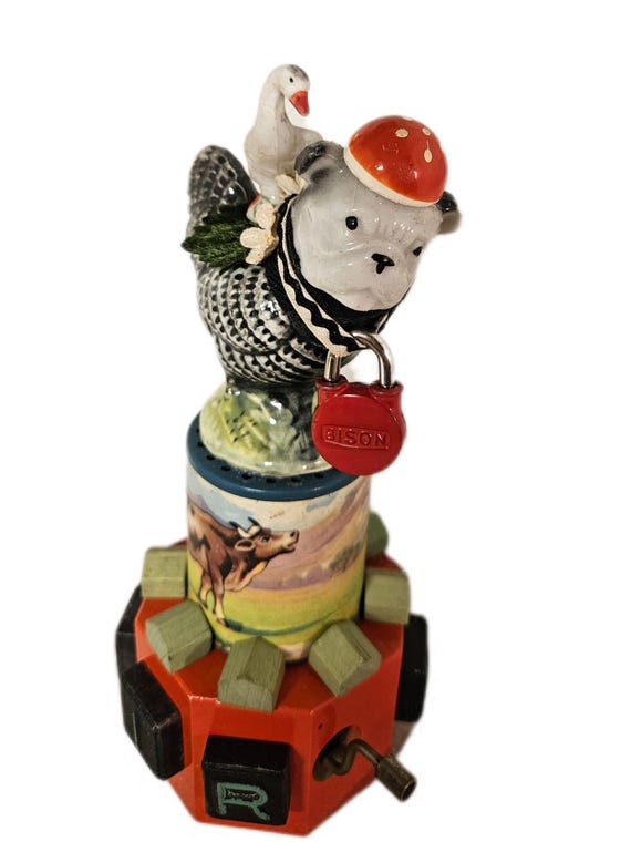 Curious Assemblage, Anthropomorphic WEIRDOS, Part Chicken Part Dog Figure, Repurposed Bits