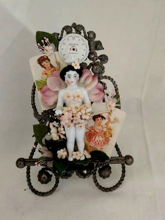 Antique Frozen Charlotte Art ,Ornate Easel & Victorian Embellishments, Millenary Flowers,Unique RomanticAnd Feminine Home Decor,Gift