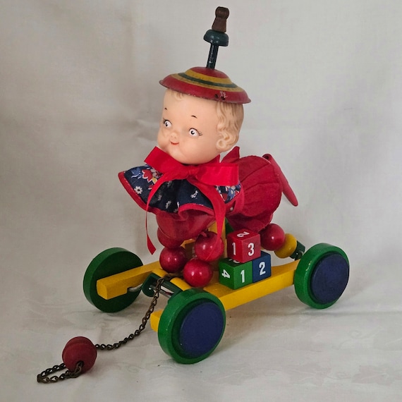 Whimsical Anthropomorphic Dog-Doll Head Pull Toy: Unique Assemblage Art, Repurposed Oddity, OOAK Creation