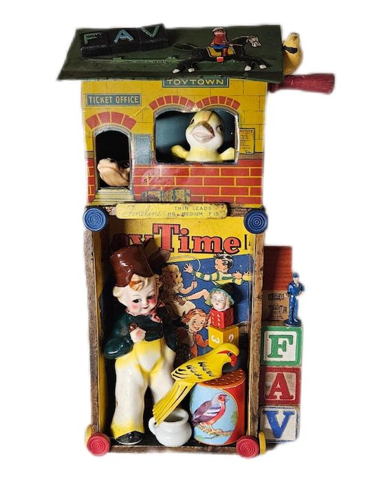 A So Whimsical and Colorful Assemblage,FAV , Found Fun Objects,One-of-a-kind!