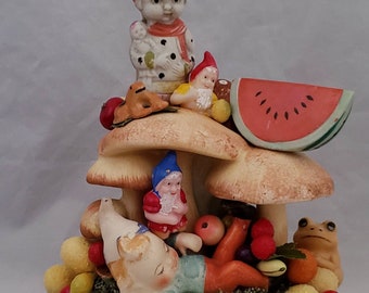 GNOME HOME Whimsical Assemblage,Mushroom Planter Repurposed ,Fruit,Elves,Frogs ,Flea Market Finds