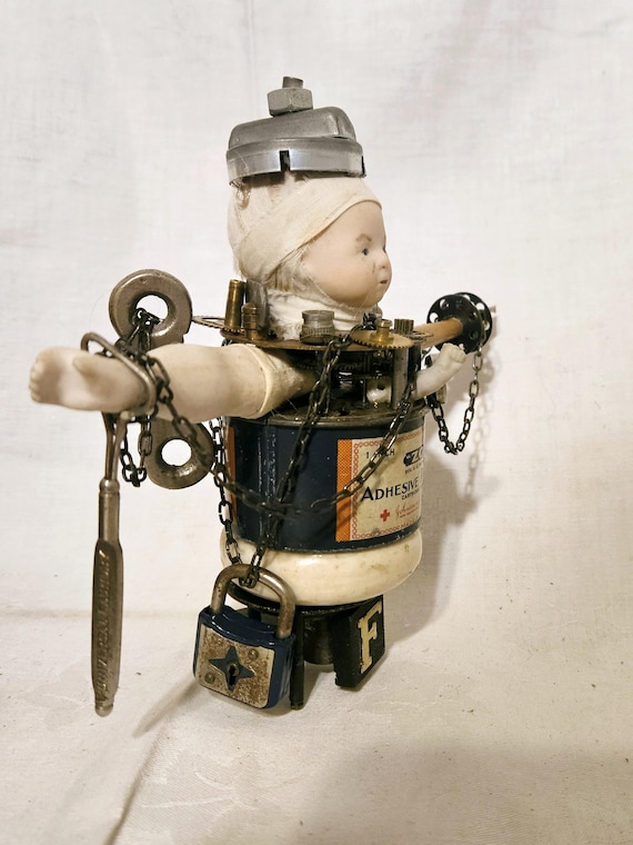 Victorian Steampunk Inspired Doll Head And Clock Parts Assemblage