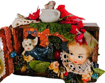 Whimsical Pixie Shadowbox Assemblage, "Brownings Garden Party" Small Eclectic Gift
