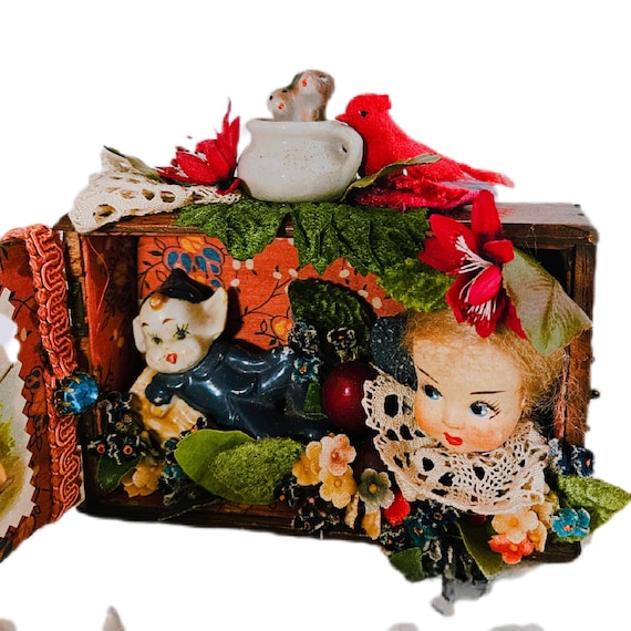 Whimsical Pixie Shadowbox Assemblage, "Brownings Garden Party" Small Eclectic Gift