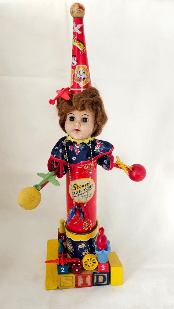 Whimsical Altered Doll Assemblage: Vintage Toy Sculpture with Kaleidoscope And Game Pieces - Kitsch Art