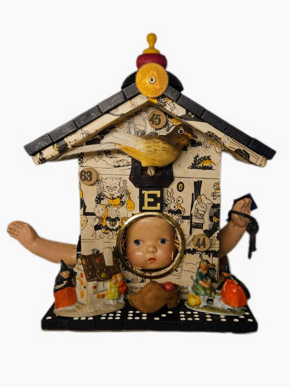 Assemblage Art Whimsical Sculpture, Cuckoo Clock And Doll Head Transformed, Nursery Rhymes And Stories