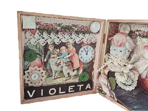 Handmade Victorian Inspired Assemblage,Featuring An Antique Doll,Mixed Ephemera,Trims And More,VIOLETA