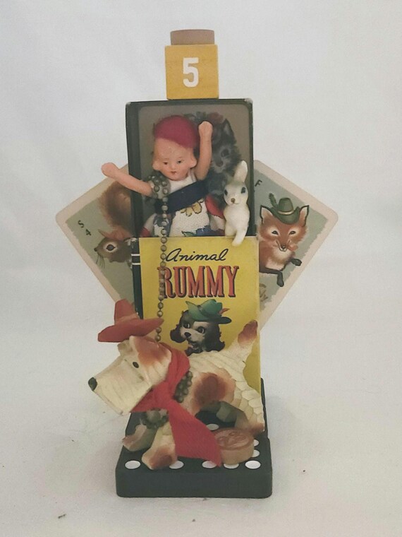 Whimsical Childhood Memories Assemblage: Animal Rummy Card Game Nostalgia Art Piece