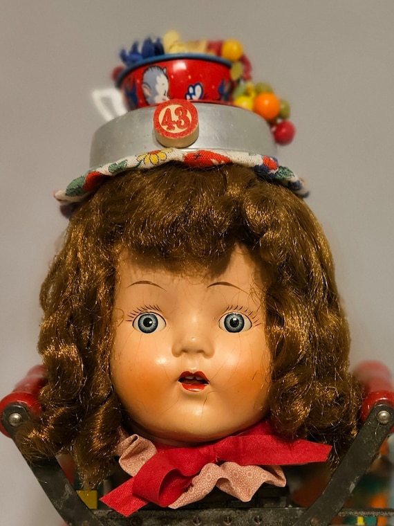 TUTTI FRUITY, Vintage Doll Head Assemblage, On Old Food Chopper,Weird ,Creepy Cute