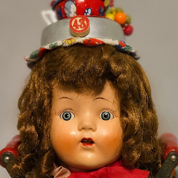 TUTTI FRUITY, Vintage Doll Head Assemblage, On Old Food Chopper,Weird ,Creepy Cute