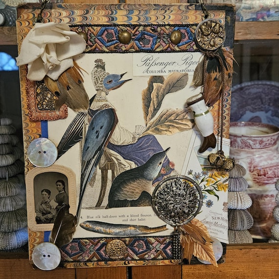 Romantic Shabby Chic Bird Assemblage: Mixed Media Artwork on Vintage Book Board